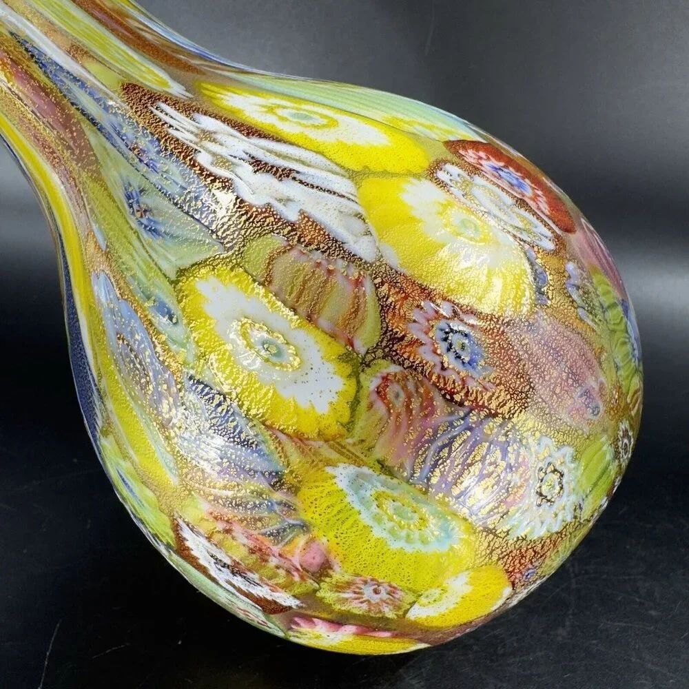 Murano Italian Glass Vase Gold Flecks Aventurine Large Multicolor Millefiori VTG